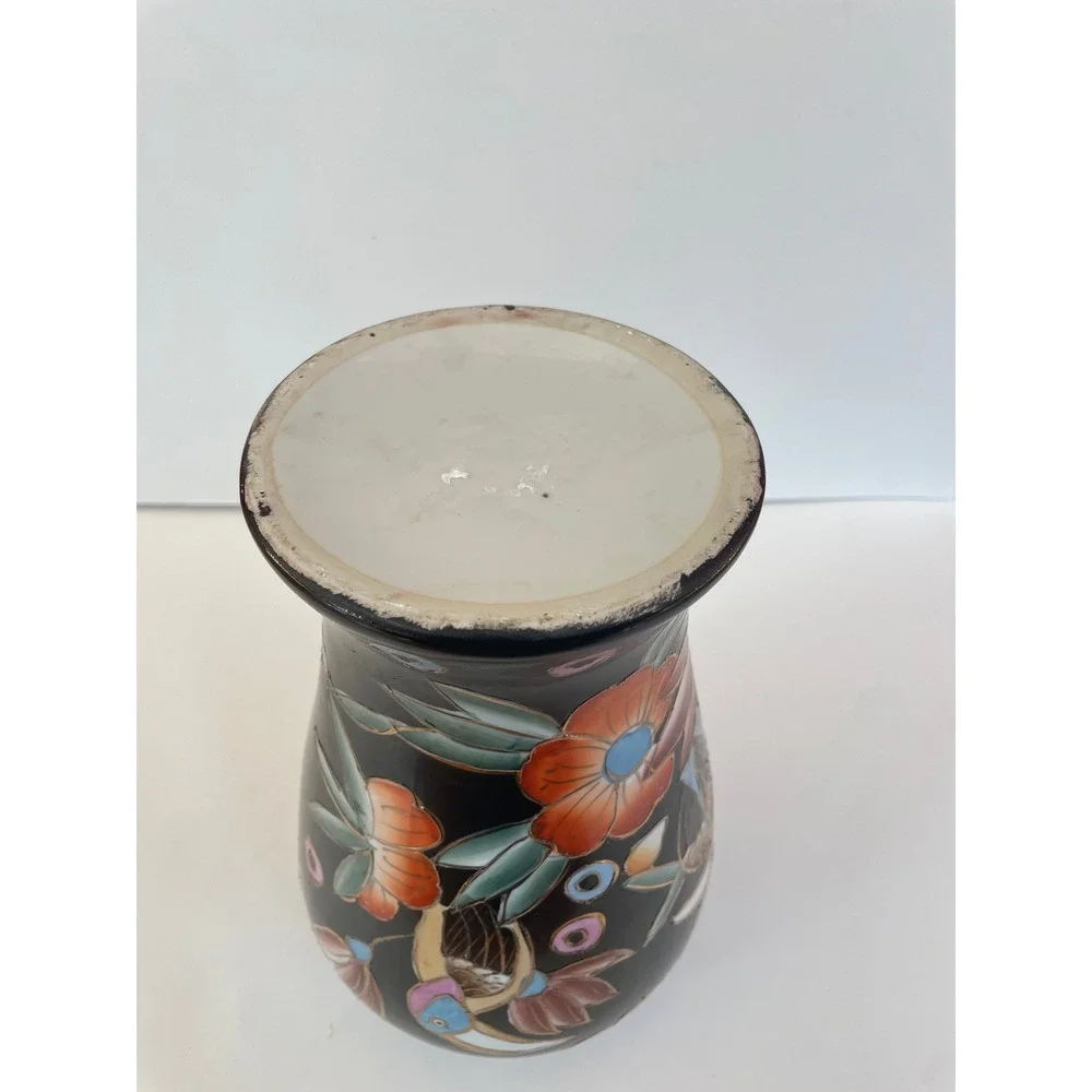 Vintage Black Ceramic Toucan Floral Vase Chinoiserie Gold‎ Cloisonne 12